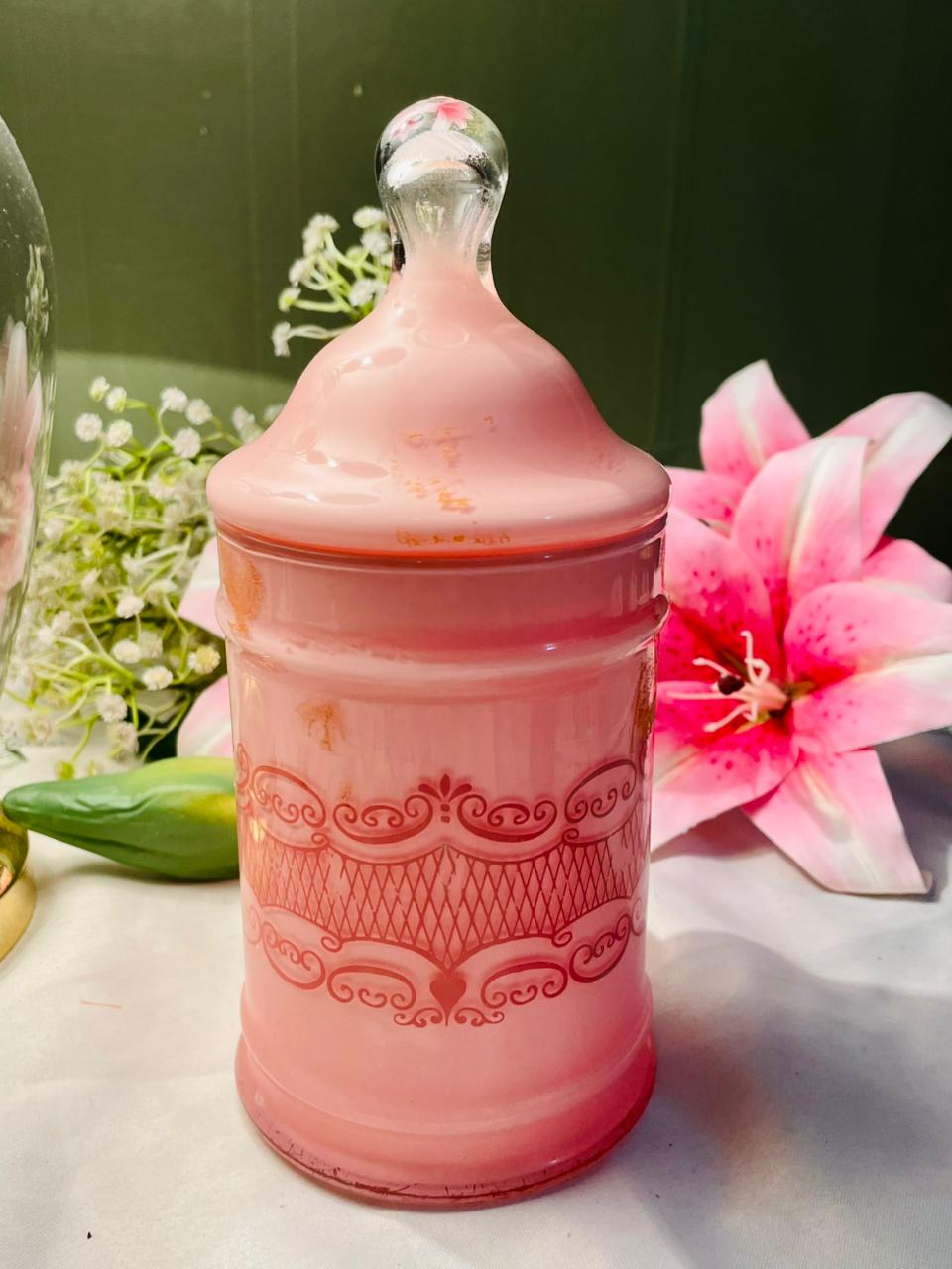 Pink Crystal Lidded Canister with Scroll Design 8 in