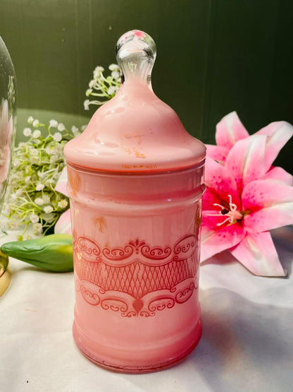 Pink Crystal Lidded Canister with Scroll Design 8 in