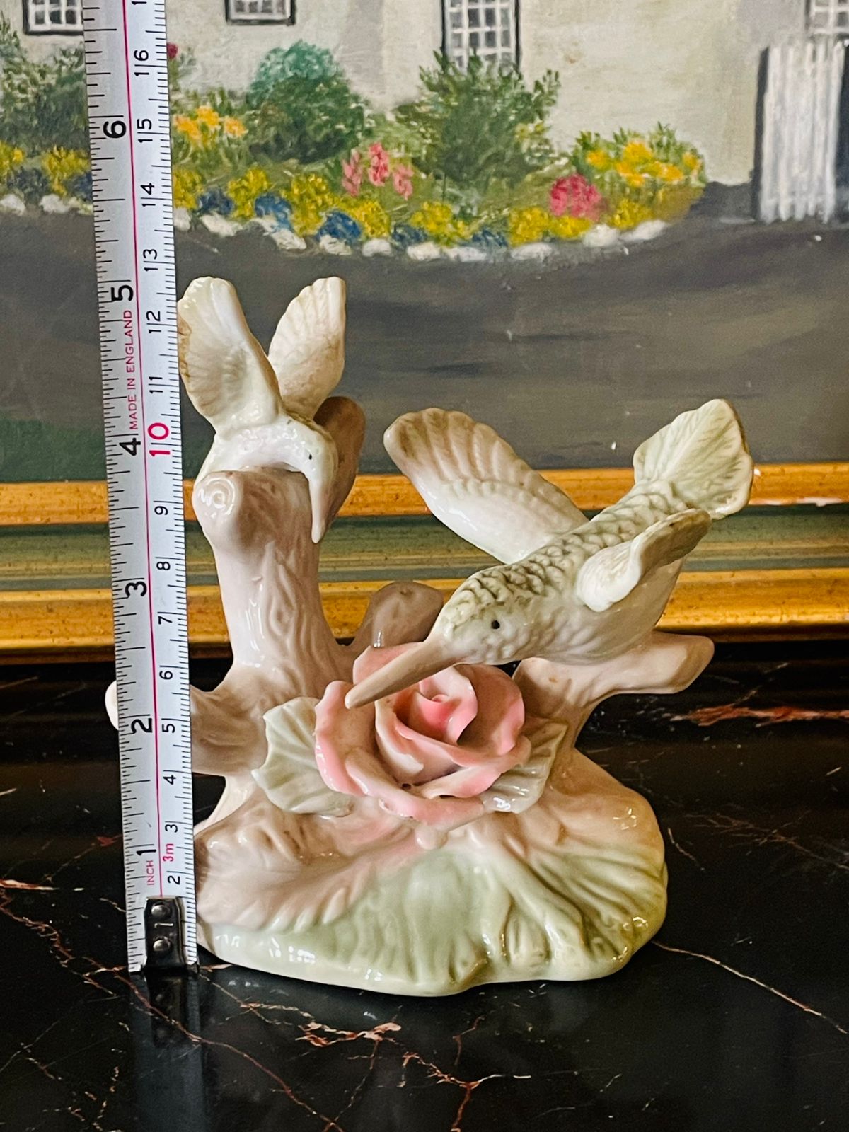 Vintage Porcelain Hummingbirds & Rose Figurine – Soft Pastel Glaze (England Style)