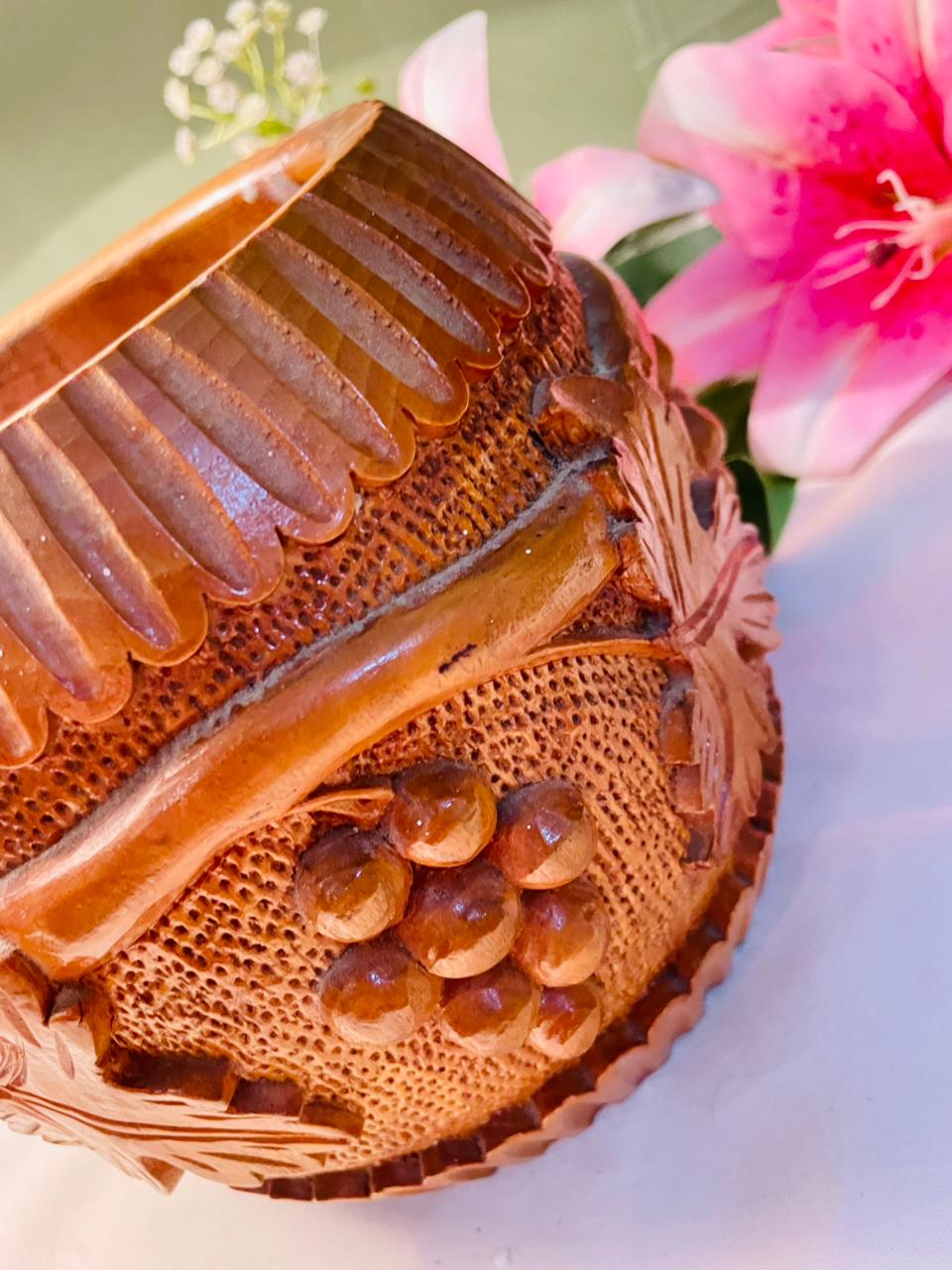 Carved Wooden Grape & Leaf Decorative Planter 6 in