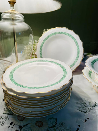 Green Greek Key Gold Rim Dinner Plates & Stand Platers