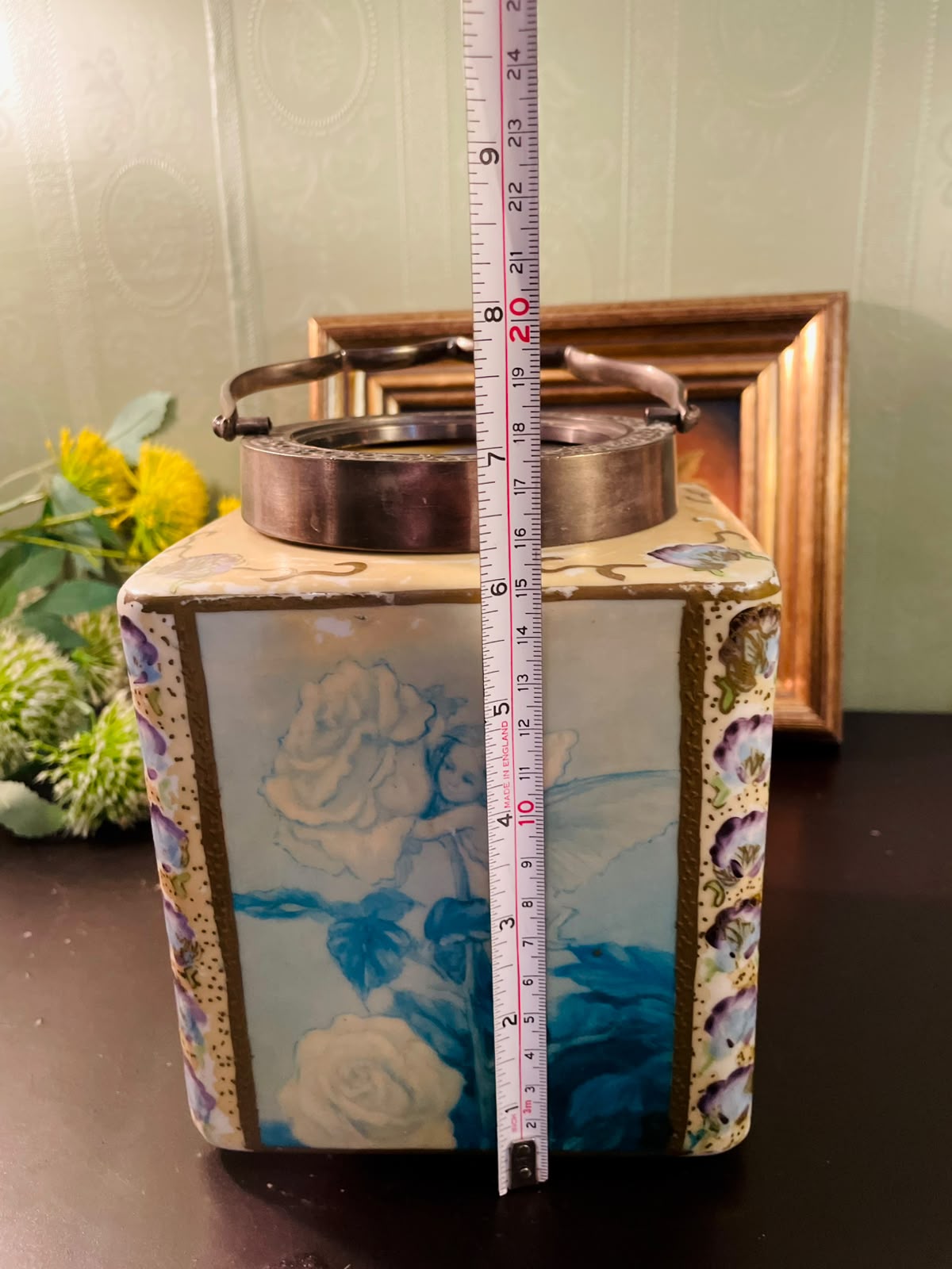 Vintage Fairy Porcelain Candle Lantern with Metal Handle 8 Inch