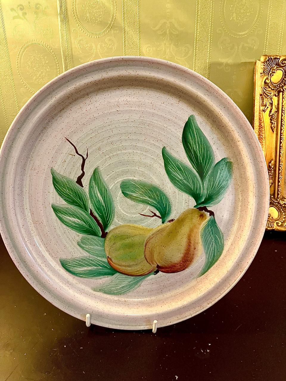 Vintage Hand-Painted Pear & Leaves Serving Plate 10 Inch Rustic Ceramic Platter