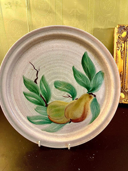 Vintage Hand-Painted Pear & Leaves Serving Plate 10 Inch Rustic Ceramic Platter