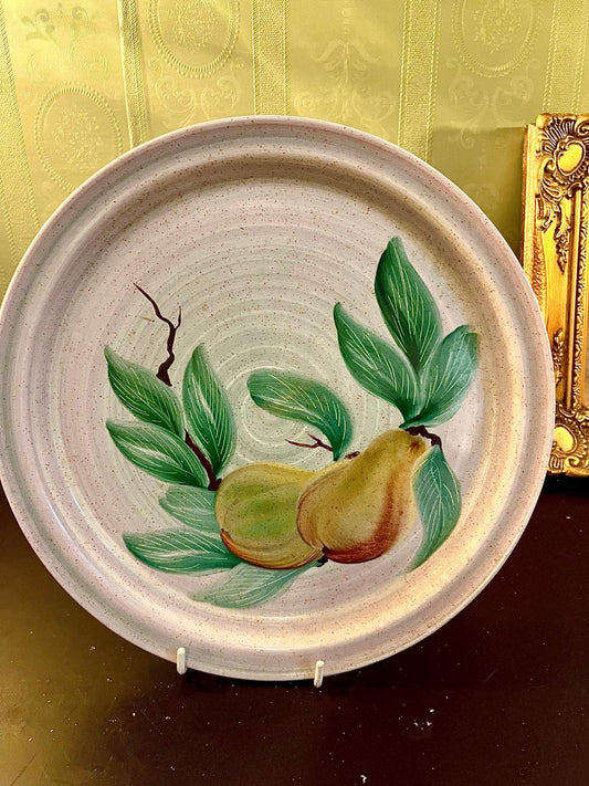 Vintage Hand-Painted Pear & Leaves Serving Plate 10 Inch Rustic Ceramic Platter