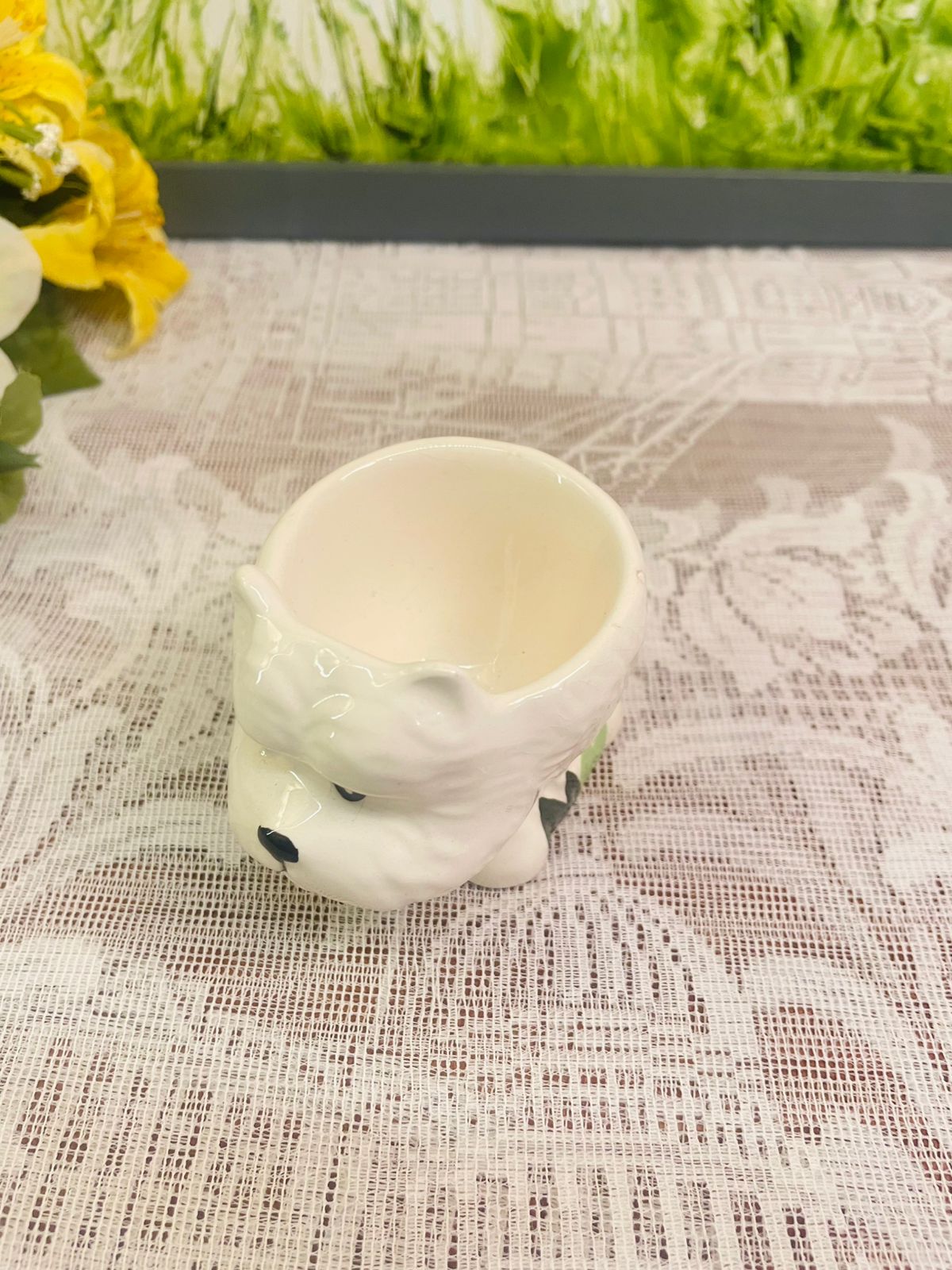 Vintage White Ceramic Dog Egg Cup Holder