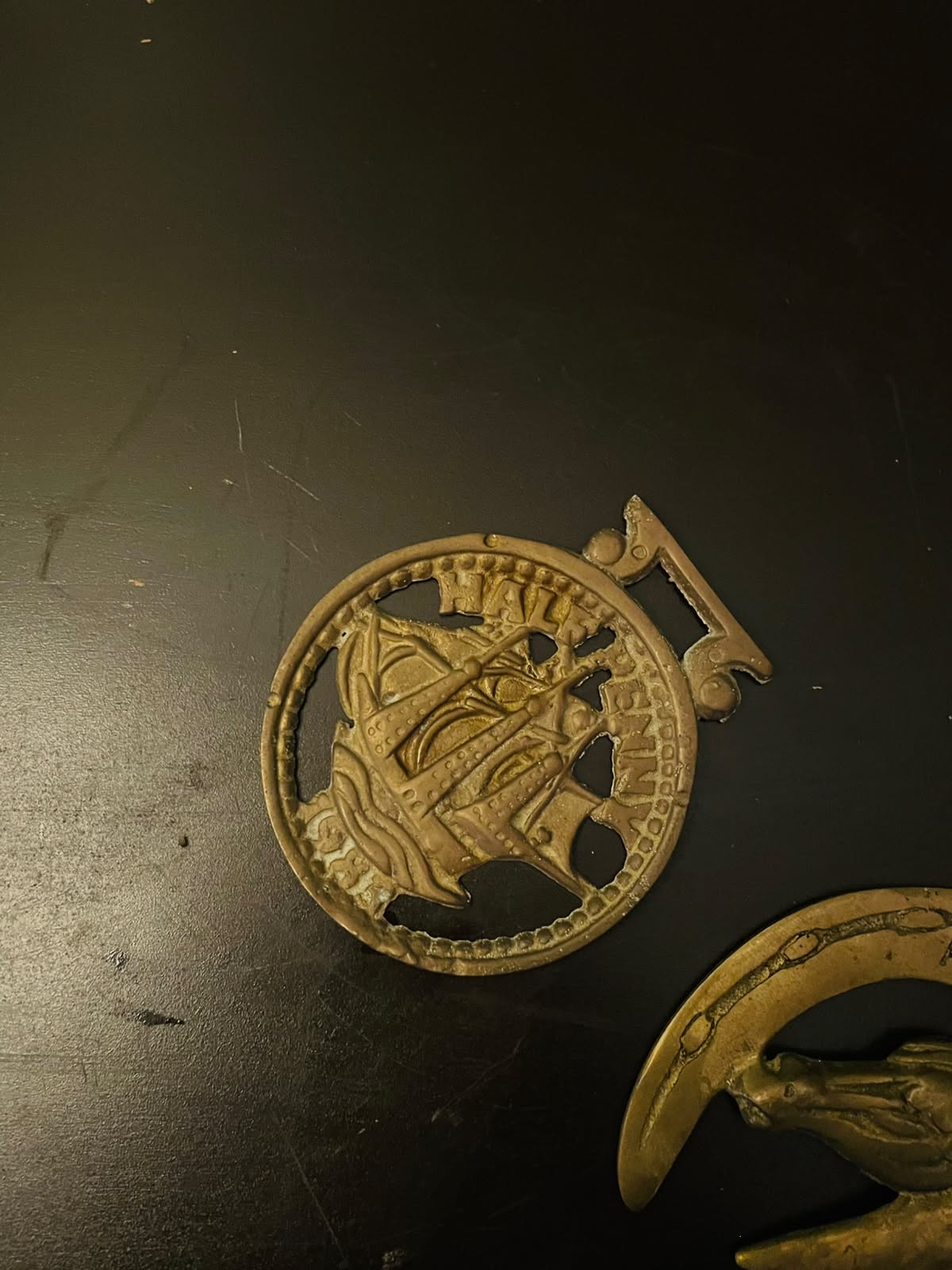 Vintage Brass Horse Medallion & Ship Trivet Set of 2