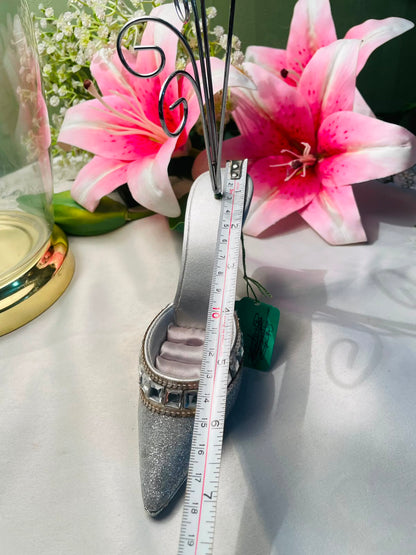 Silver Glitter High Heel Jewellery Holder with Scroll Stand Approx. 20 cm