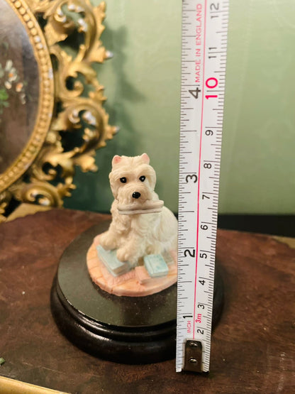 Vintage Westie Dog Figurine with Books on Wooden Base