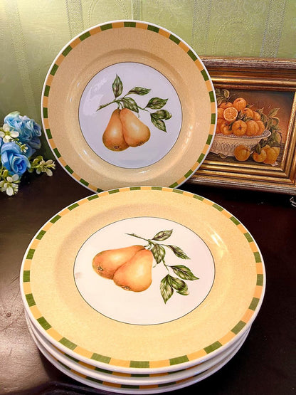 Set of 4 Pear Design Dinner Plates – Fruit Pattern Ceramic Plates