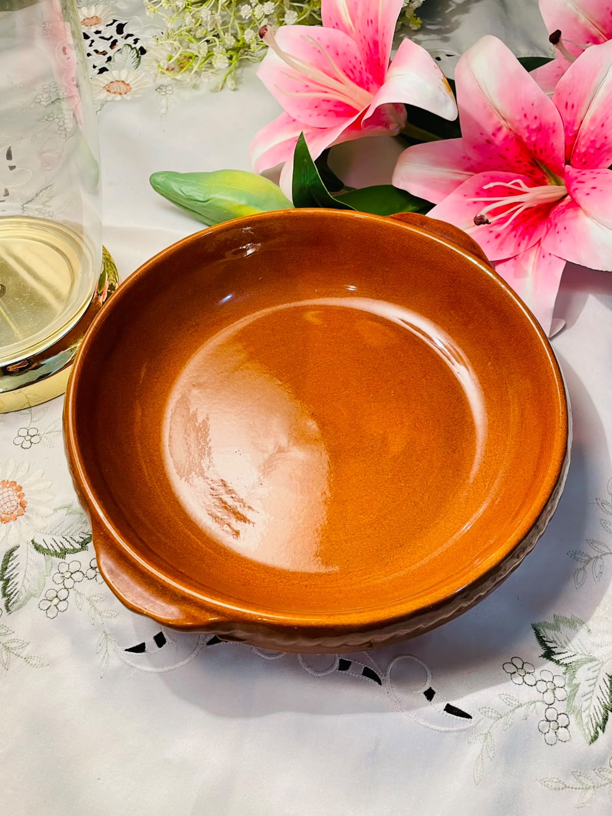 Vintage Digoin France Brown Stoneware Large Bowl 10" - Oven/Stove Safe