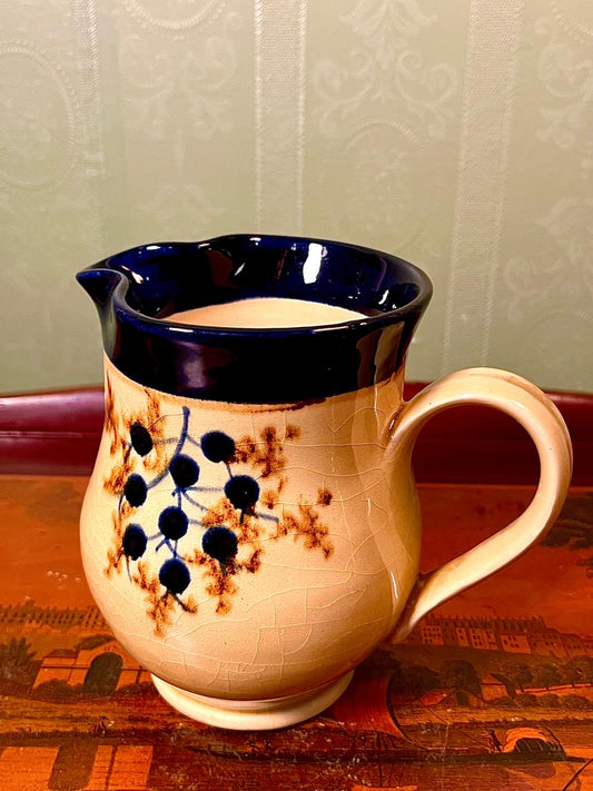 Vintage Handcrafted Stoneware Milk Jug | Blue Rim Creamer Pitcher