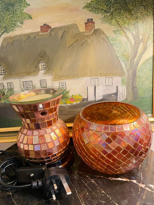 Vintage Red Amber Orange Mosaic Glass candle Holder &  electric Burner – Decorative Home Accent