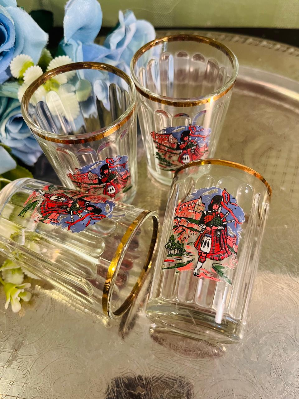 Vintage Scottish Piper Glasses Set of 4 – 9 cm Gold Rim