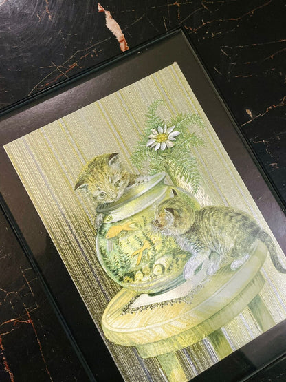 Framed Kitten Fish Bowl Wall Art