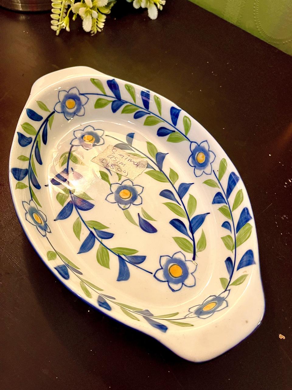 Blue & Green Floral Ceramic Serving Dish – Oval Appetizer Bowl