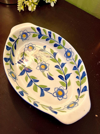 Blue & Green Floral Ceramic Serving Dish – Oval Appetizer Bowl