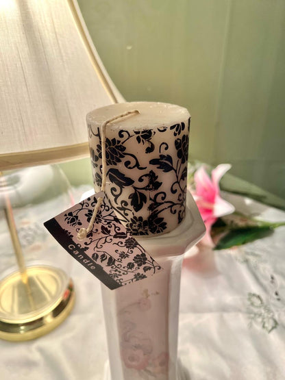 Floral Pedestal Candle Holder with Pillar Candle – Approx. 13 Inch
