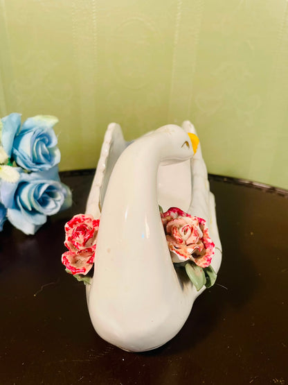 Vintage Swan Ceramic Planter with Floral Detail – 8 Inch