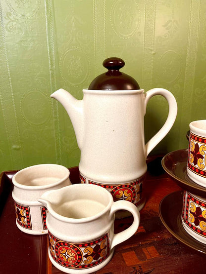 Vintage Stoneware Tea Set | 11 Pieces | Retro Geometric Pattern