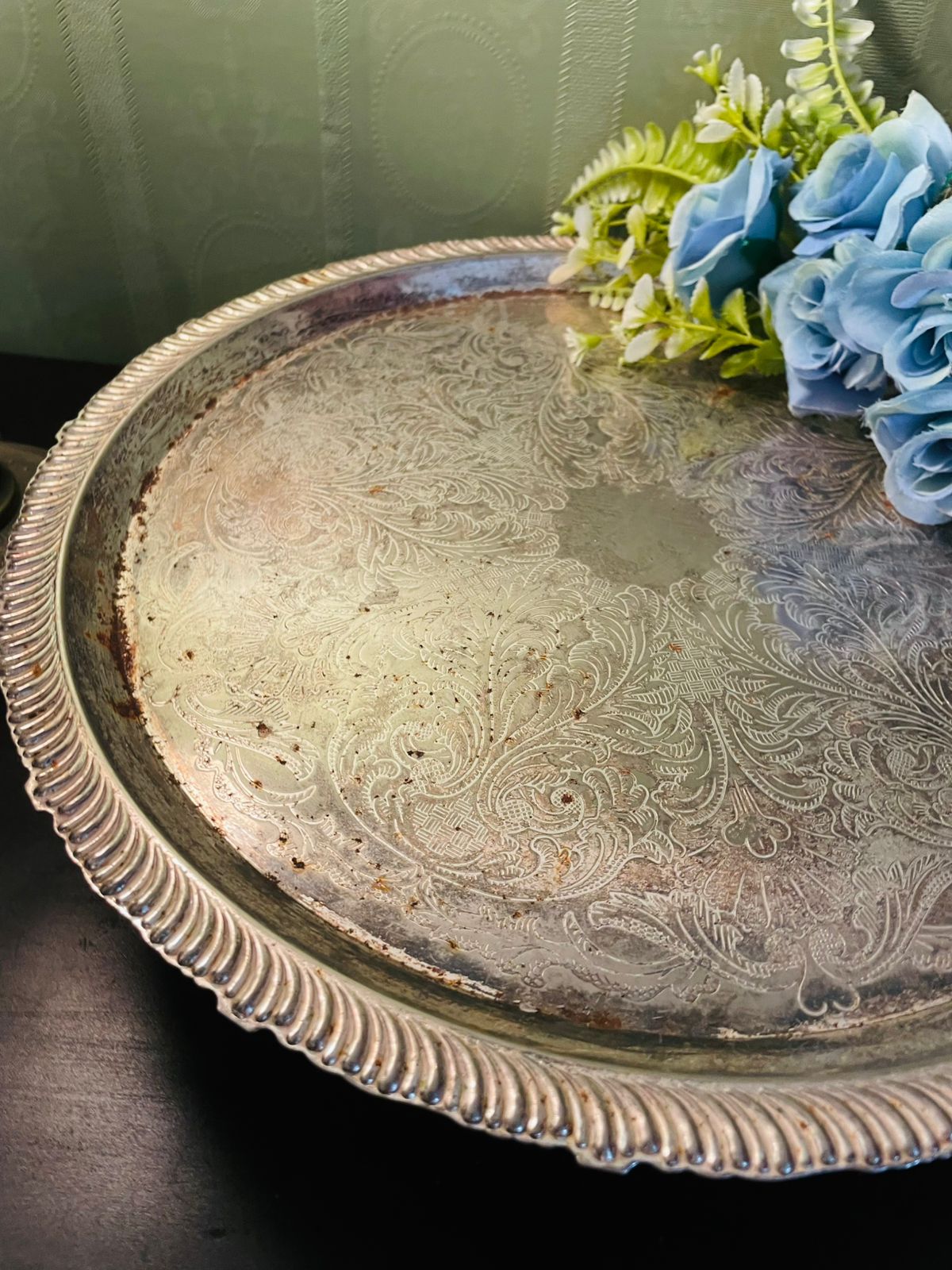 Vintage Silver Plated Round Serving Tray 14 Inch