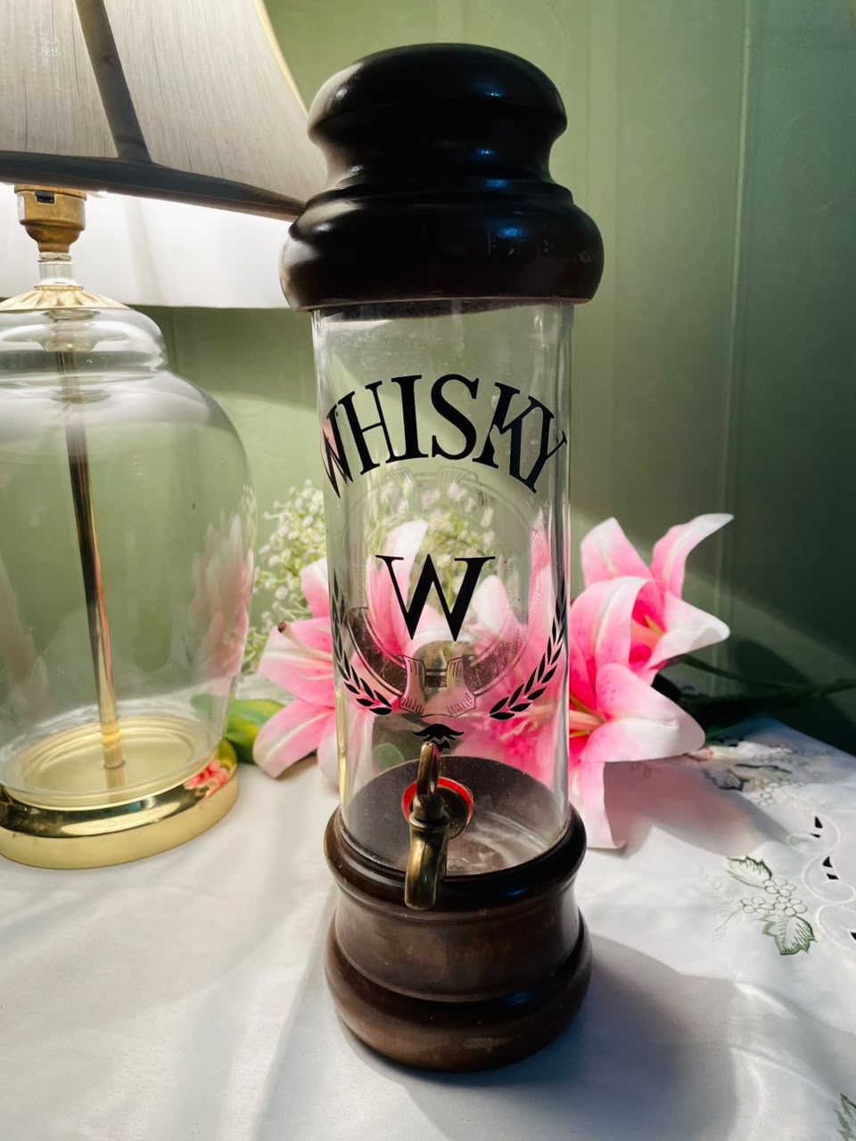 Vintage Glass Whisky Dispenser with Tap & Dark Wood Base Approx. 31 cm