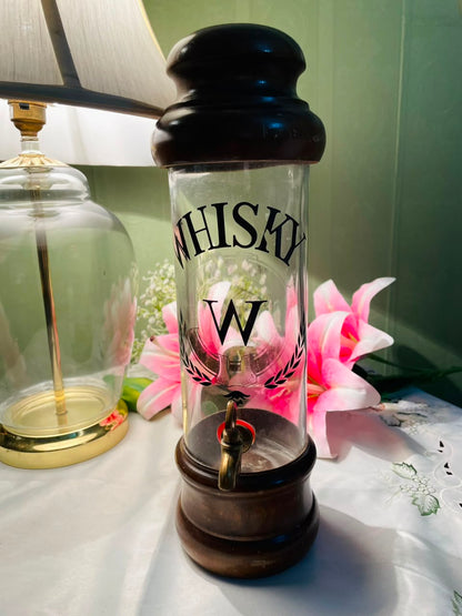 Vintage Glass Whisky Dispenser with Tap & Dark Wood Base Approx. 31 cm