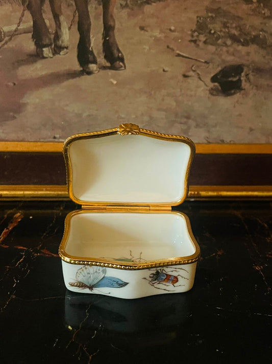 Vintage English Porcelain Trinket Box – Butterfly & Beetle Motif with Gold Rim