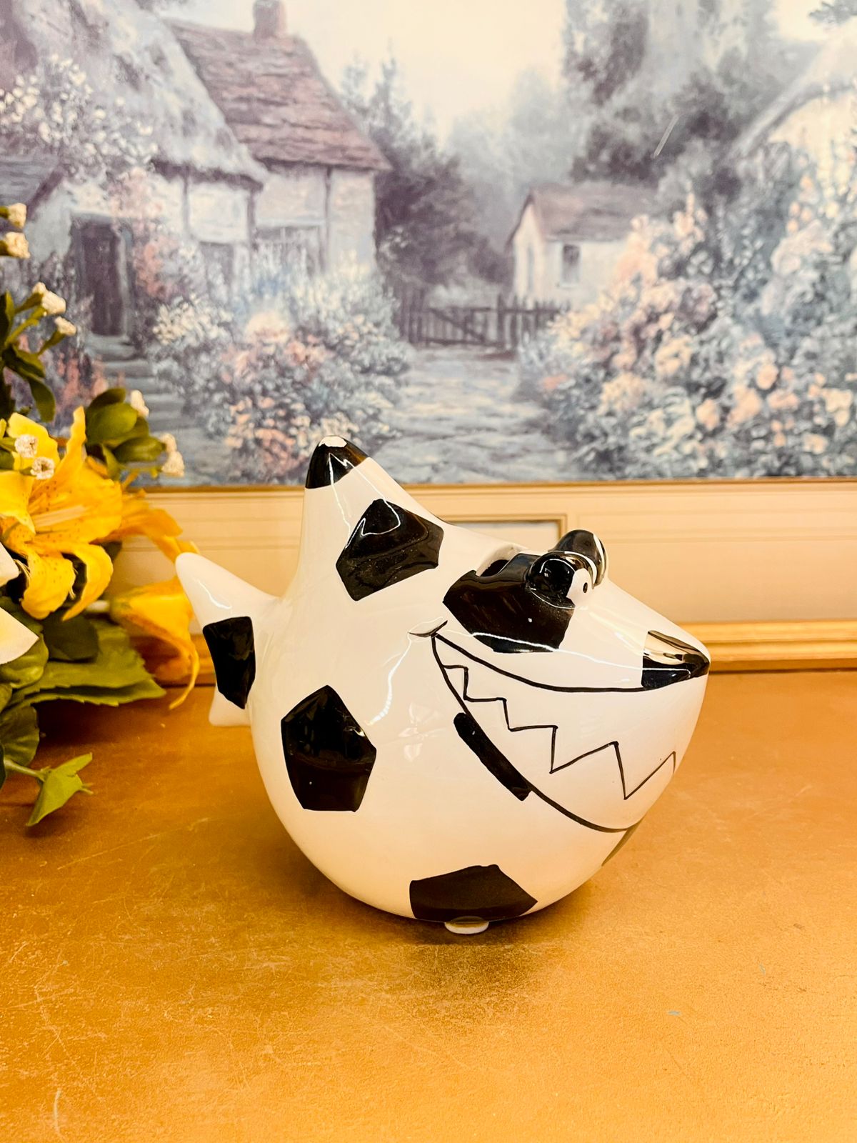 Vintage Ceramic Dog Money Box Black & White Coin Bank
