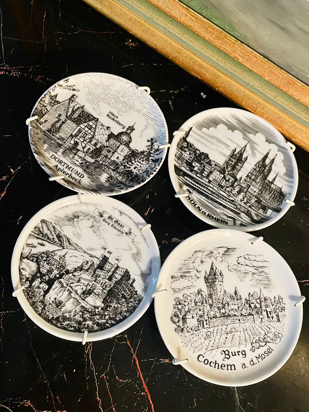 Vintage German Souvenir Porcelain Decor Plate – Mini wall decor plate - Black & White City & Castle Illustrations