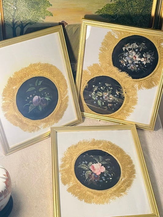 Set of 3 Vintage Gold Gilt Wood Frames – Sunflower Embroidered & Painted Floral Art | Ornate Wall Decor Pakistan