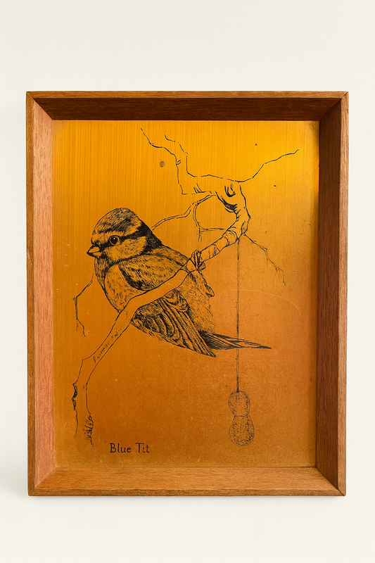 Antique Copper Bird Picture frame, 8 inches, Copper Etching, Blue Tit