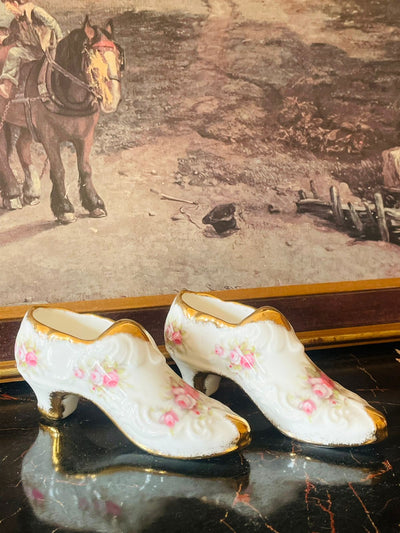 Paragon “Victoriana Rose” Porcelain Shoe Pair – Hand-Gilded English Collectibles