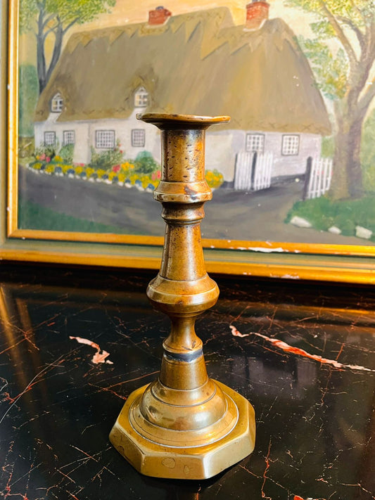 Vintage Brass Candlestick – Detailed Turned Mid-Section, Square Base