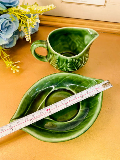 Vintage Green Leaf Creamer & Saucer Set Portugal