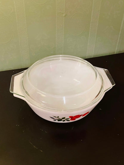 Vintage Red Rose Casserole Dish 9 Inch Glass Lid