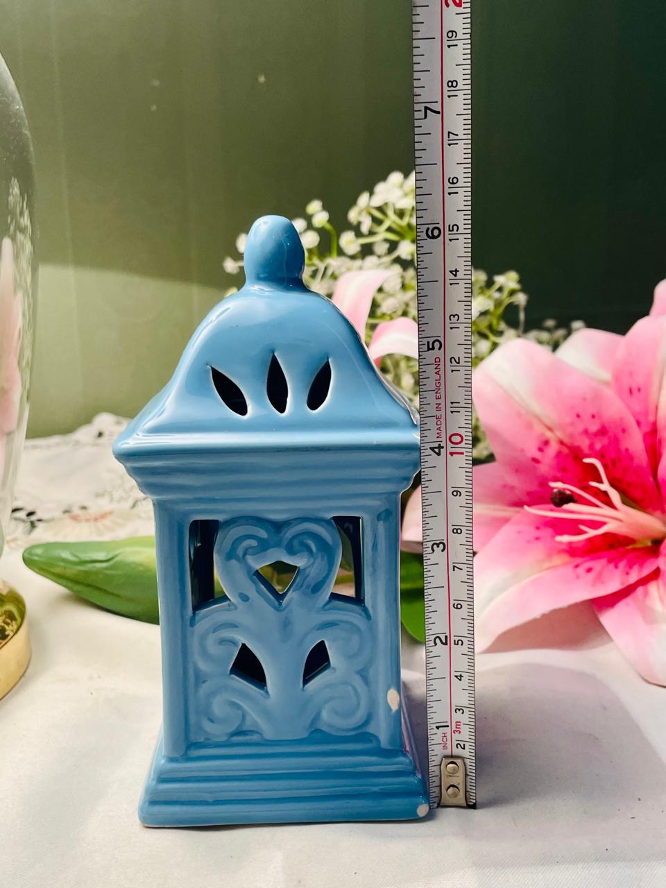 Blue Ceramic Lantern Candle Holder 15 cm Heart Cut-Out Design