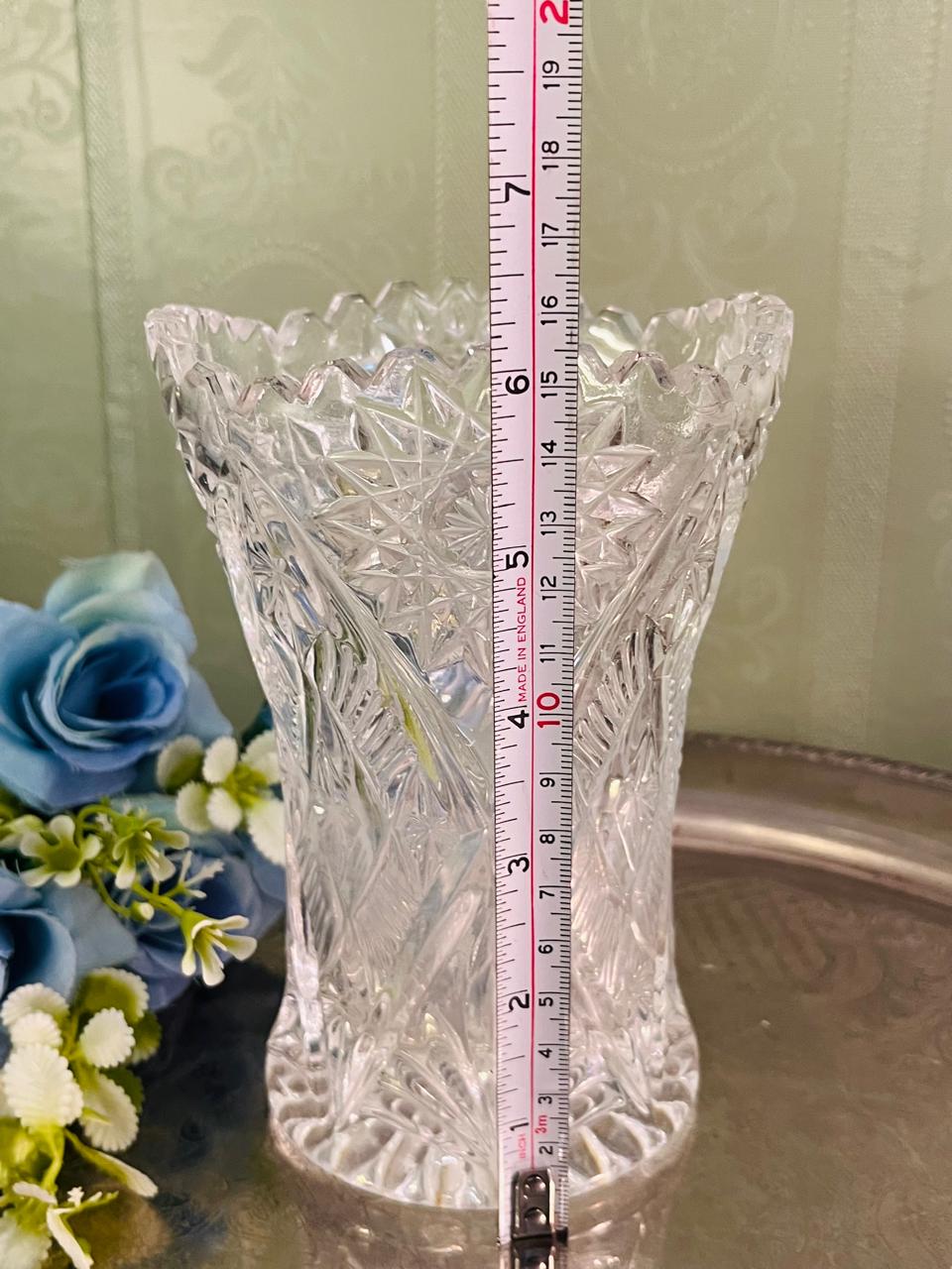 Vintage Cut Crystal Vase 16 cm Starburst Scalloped Rim