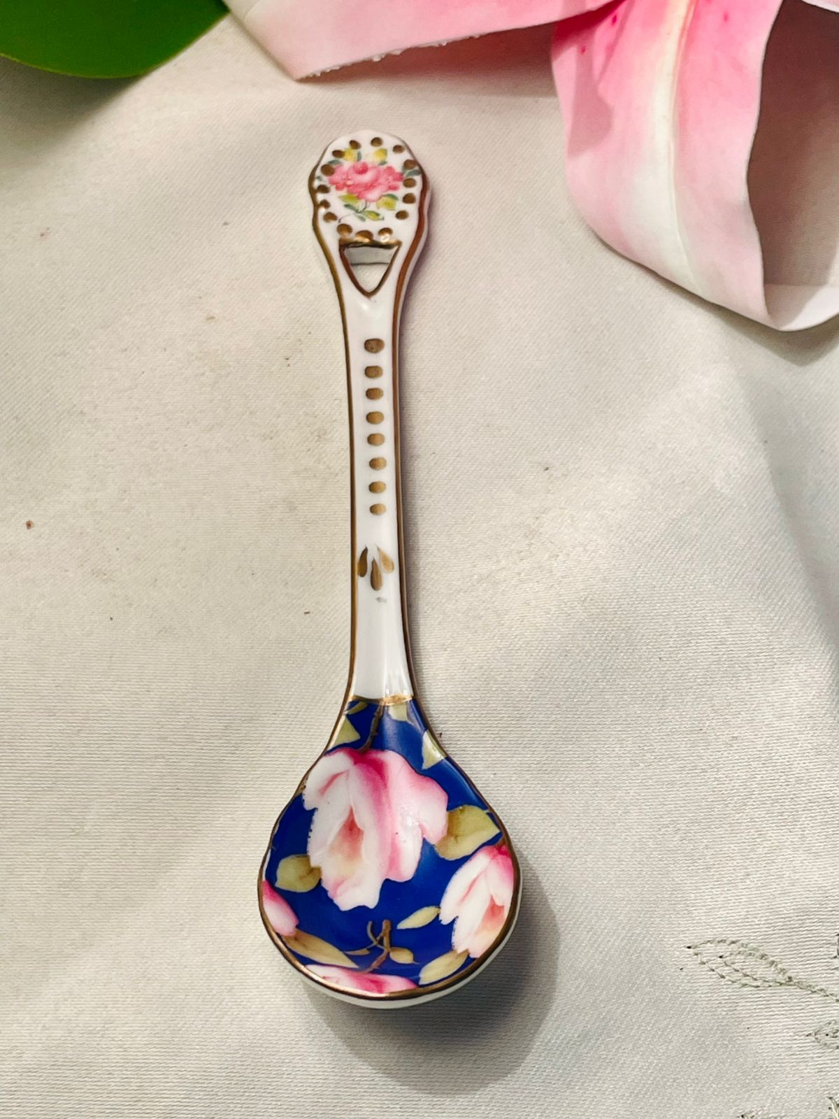 Vintage Floral Porcelain Spoon with Blue & Pink Rose Design Approx. 13 cm Long