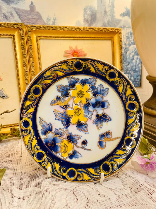 Vintage Cobalt Blue & Gold Floral Decorative Plate 6in