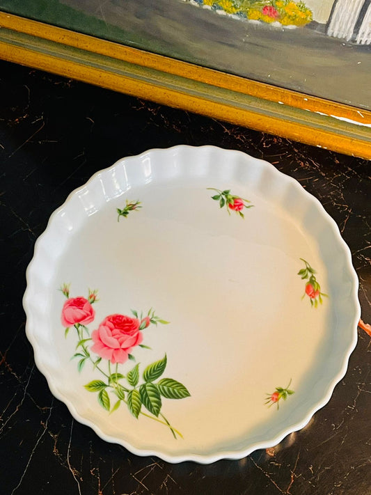 vintage pie dish, floral bakeware, cottagecore kitchen, rose ceramic plate, fluted tart dish, vintage serveware, shabby chic decor, pink rose crockery, wall display plate, english kitchen stylev