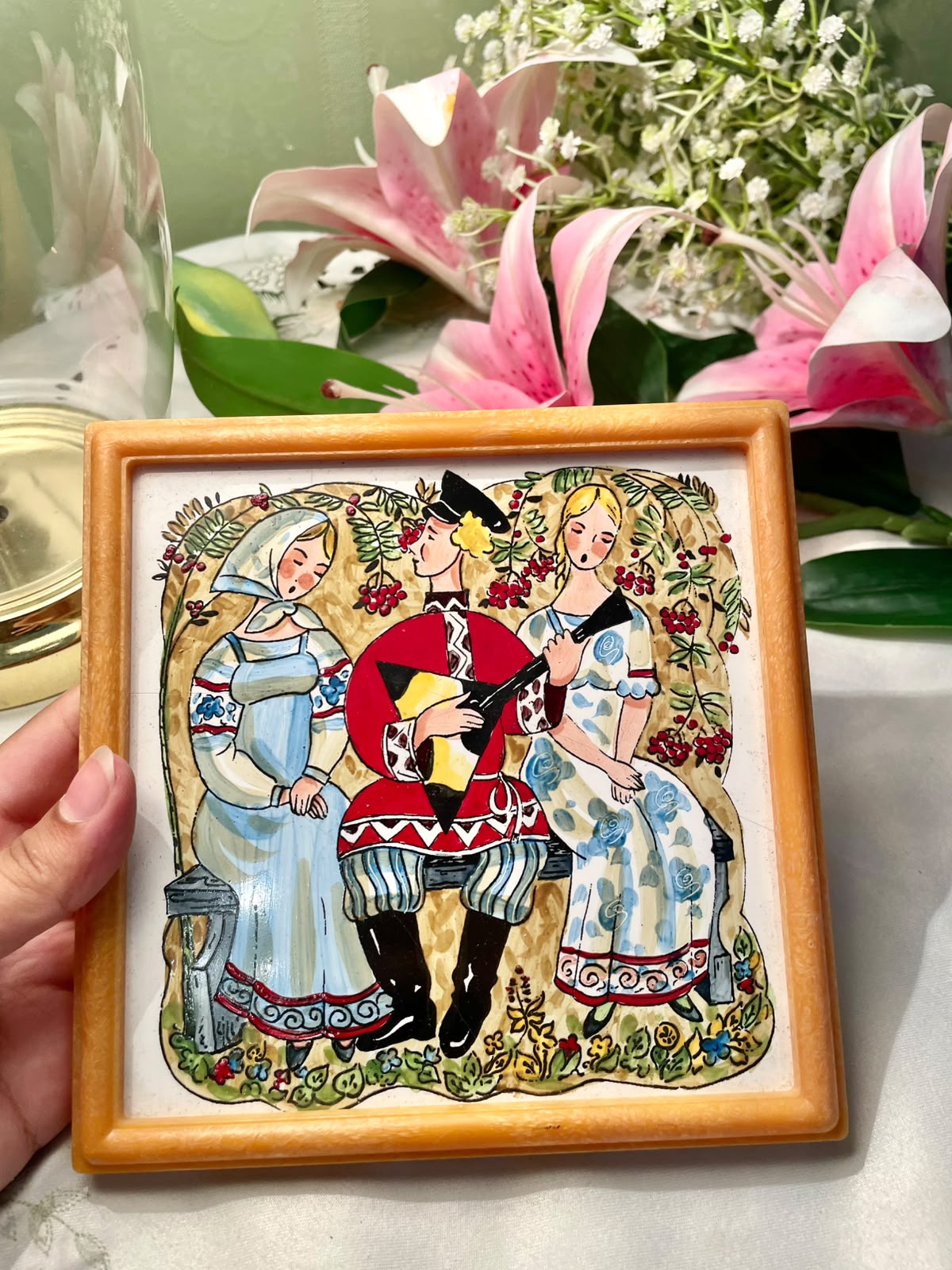 vintage Soviet-era hand-painted ceramic tile featuring traditional Russian musical folk art
