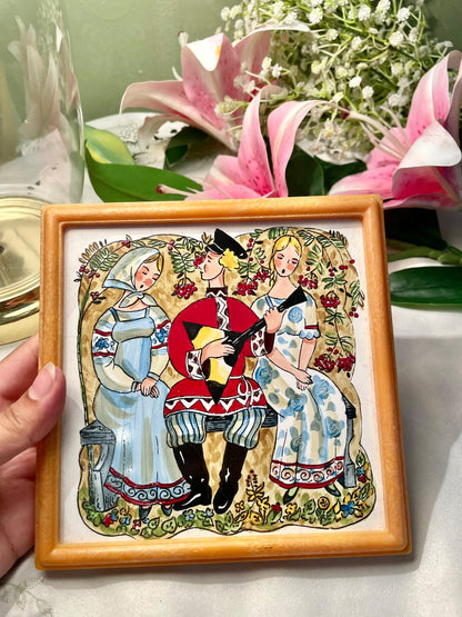 vintage Soviet-era hand-painted ceramic tile featuring traditional Russian musical folk art