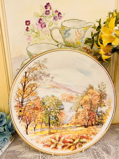 Autumn Landscape Decorative Plate – Hand-Painted Porcelain Vintage Wall Art