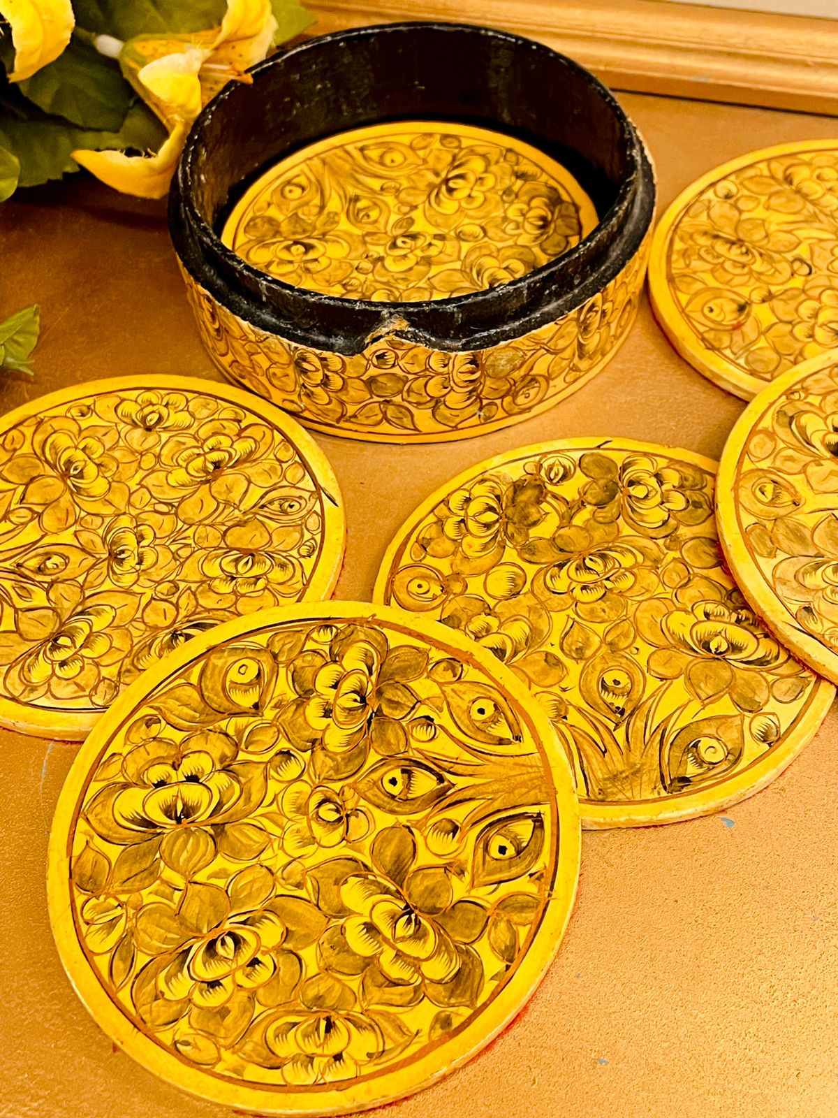 Vintage Hand Painted Wooden Coaster Set with Holder – Floral Folk Art Drinks Coasters
