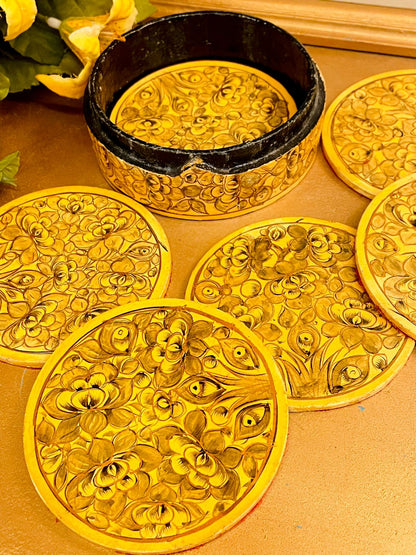 Vintage Hand Painted Wooden Coaster Set with Holder – Floral Folk Art Drinks Coasters