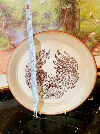 Set of 8 , Vintage Rustic Ceramic Dinner & Side Plates Set – Fruit & Leaf Pattern (England)