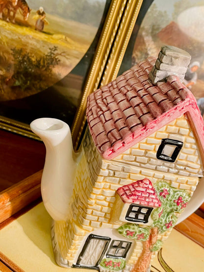 Vintage Cottage House Ceramic Teapot – Hand-Painted Floral Windows