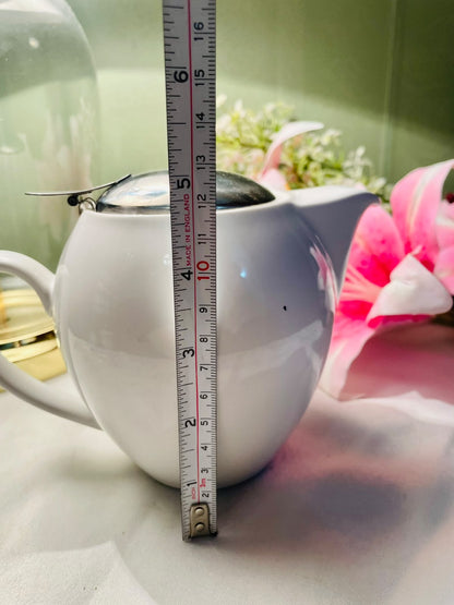 White Ceramic Teapot with Hinged Stainless-Steel Lid – Modern Minimalist Tea Pot – Approx. 12 cm