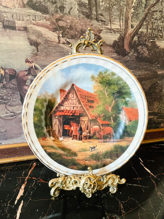 Vintage Grindley Staffordshire “Village Stable Scene” Plate – English Countryside Horse & Cottage Art